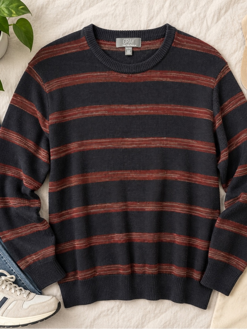 GRAY Saks Fifth Avenue Striped Knit Sweater XL Rust Navy Crewneck